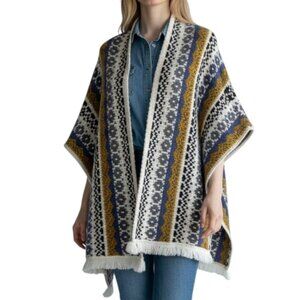 COCOGIO Wool Blend Fringed Poncho Cardigan Sweater Aztec Inspired Made in Italy